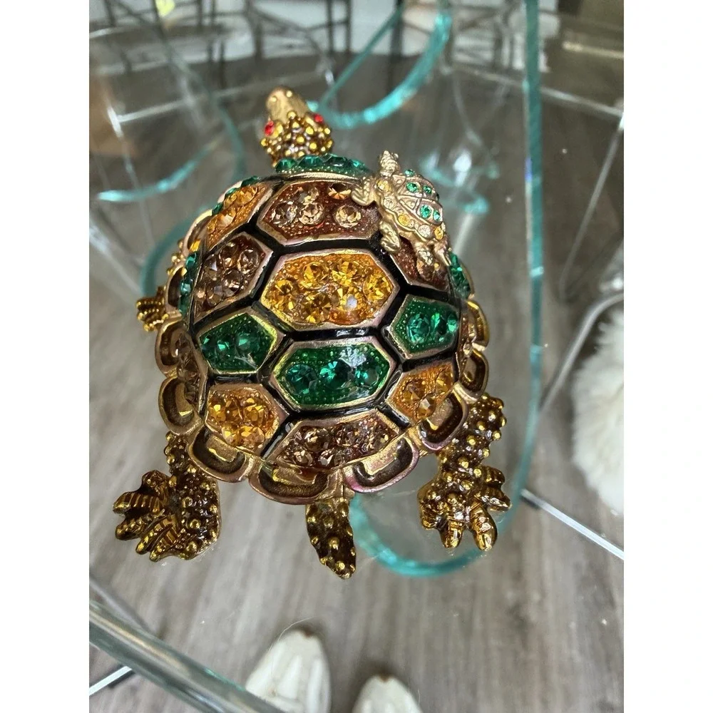 Jeweled Enamel Turtle Trinket Box Hinged Magnetic Pill Box Rhinestone Gold Tone